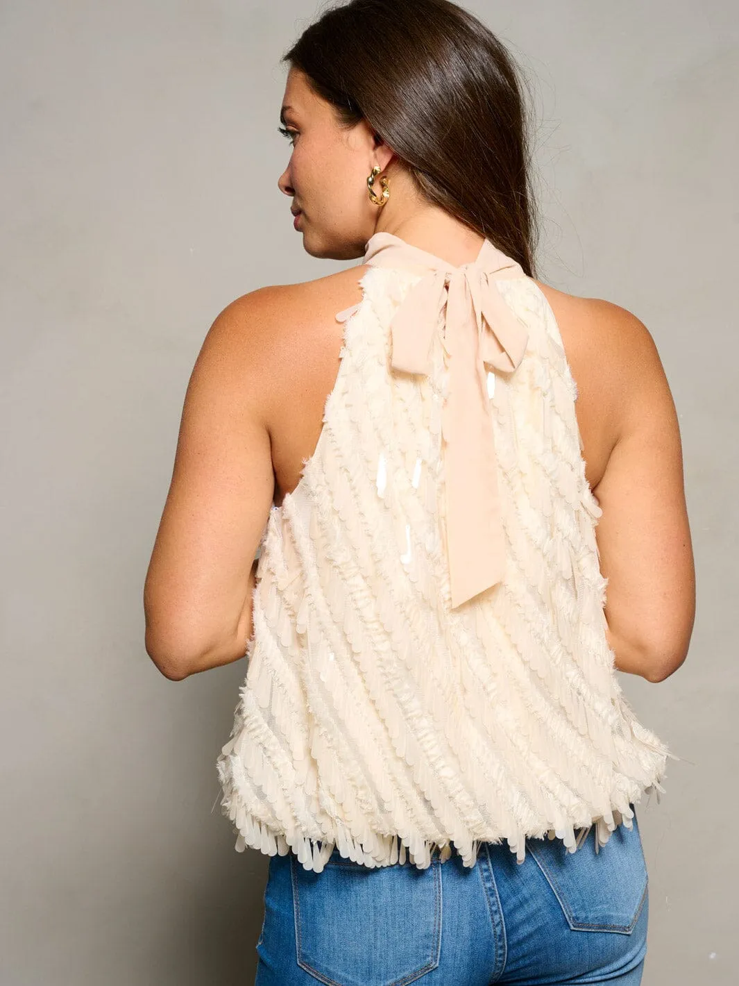 WOMEN'S SLEEVELESS HALTER NECK TASSEL DETAILED BLOUSE TOP