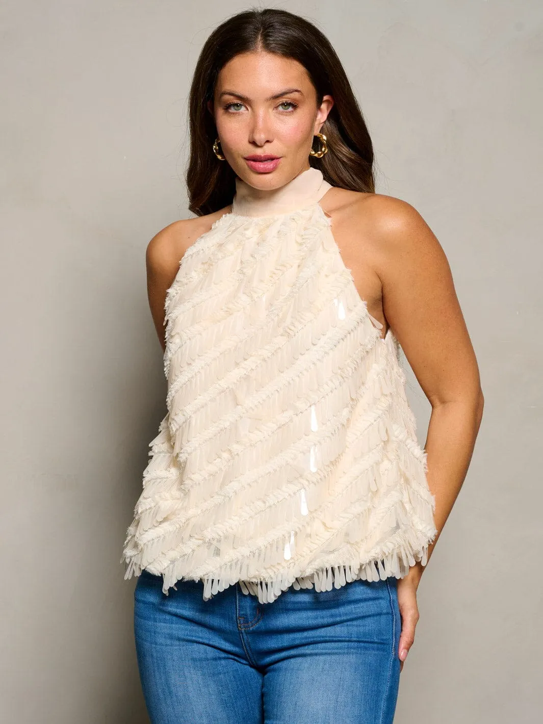 WOMEN'S SLEEVELESS HALTER NECK TASSEL DETAILED BLOUSE TOP