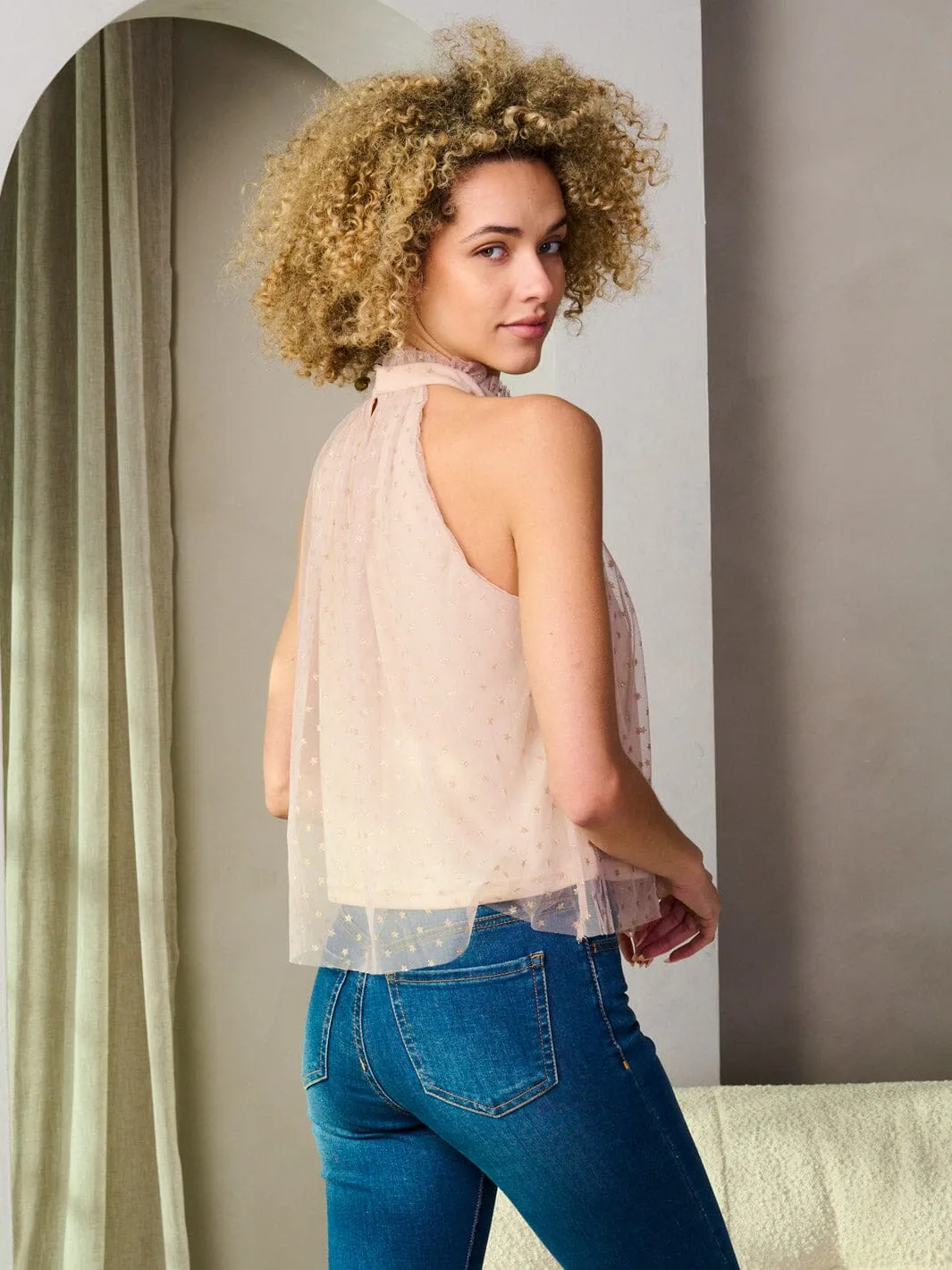 WOMEN'S SLEEVELESS MOCK NECK SHIMMER STARS PRINT TOP