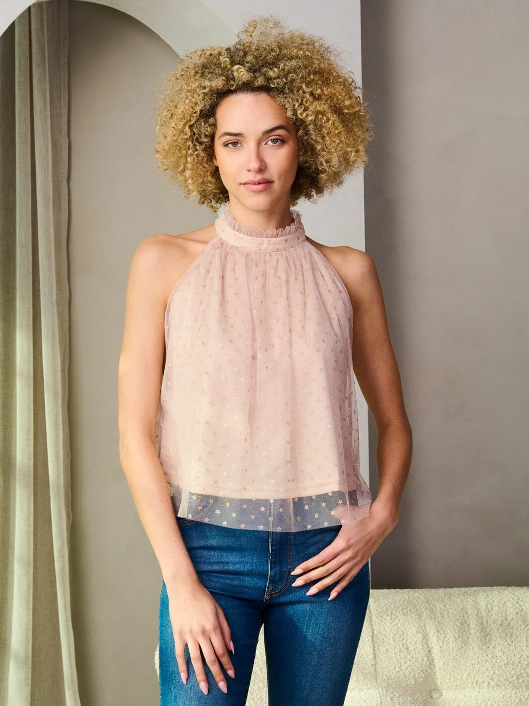 WOMEN'S SLEEVELESS MOCK NECK SHIMMER STARS PRINT TOP