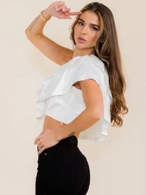 WOMEN'S SLEEVELESS ONE SHOULDER RUFFLE CROP TOP