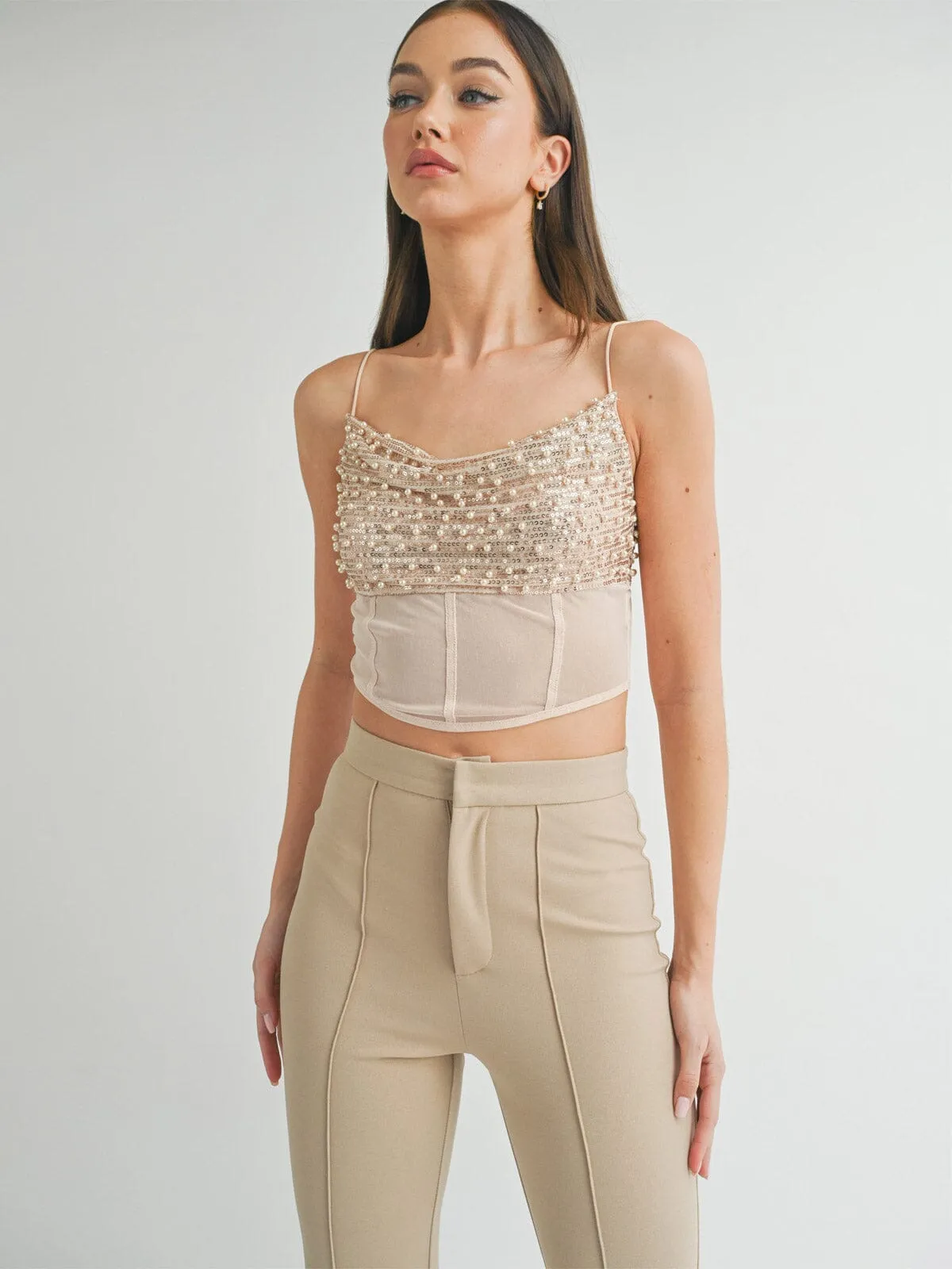 WOMEN'S SLEEVELESS SEQUINS PEARL MESH CROP TOP