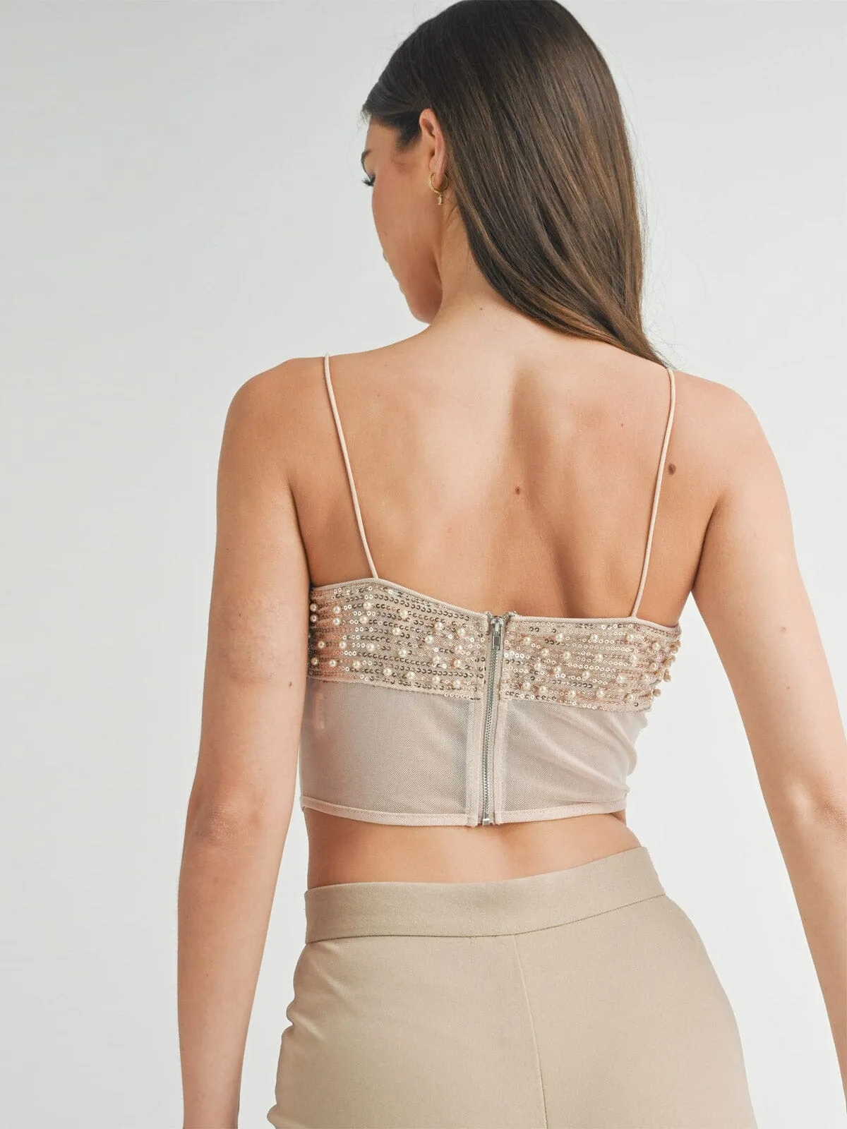 WOMEN'S SLEEVELESS SEQUINS PEARL MESH CROP TOP