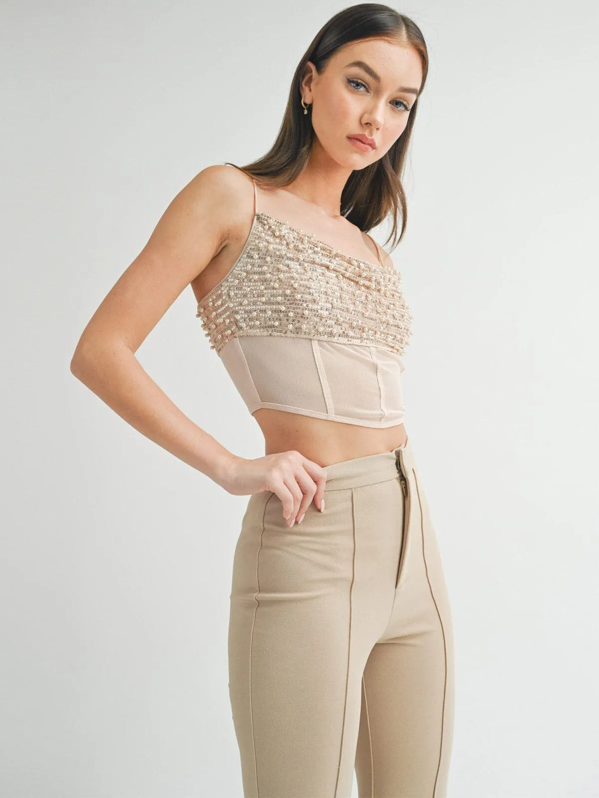 WOMEN'S SLEEVELESS SEQUINS PEARL MESH CROP TOP