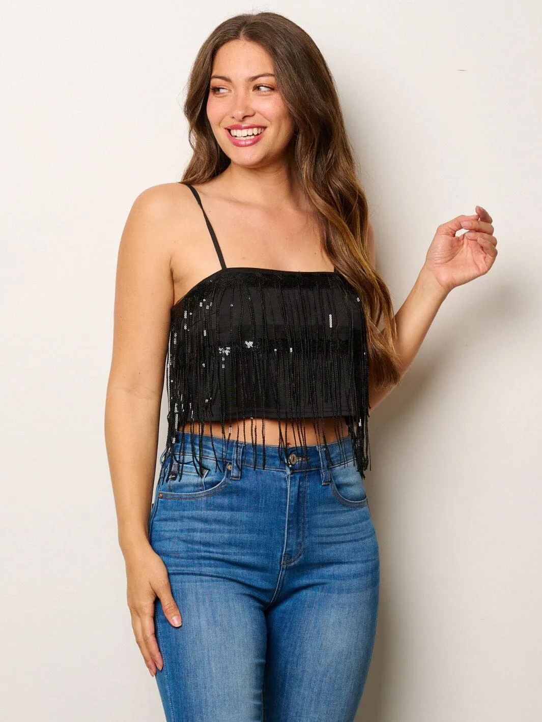WOMEN'S SLEEVELESS SEQUINS TASSEL CROP TANK TOP