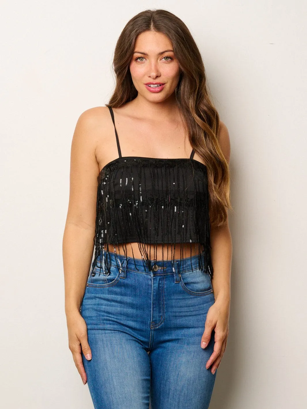 WOMEN'S SLEEVELESS SEQUINS TASSEL CROP TANK TOP