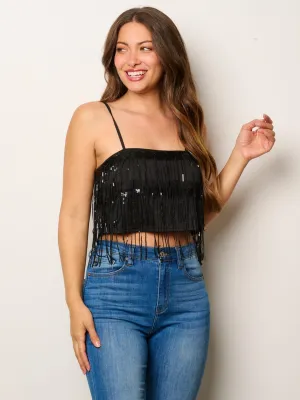 WOMEN'S SLEEVELESS SEQUINS TASSEL CROP TANK TOP