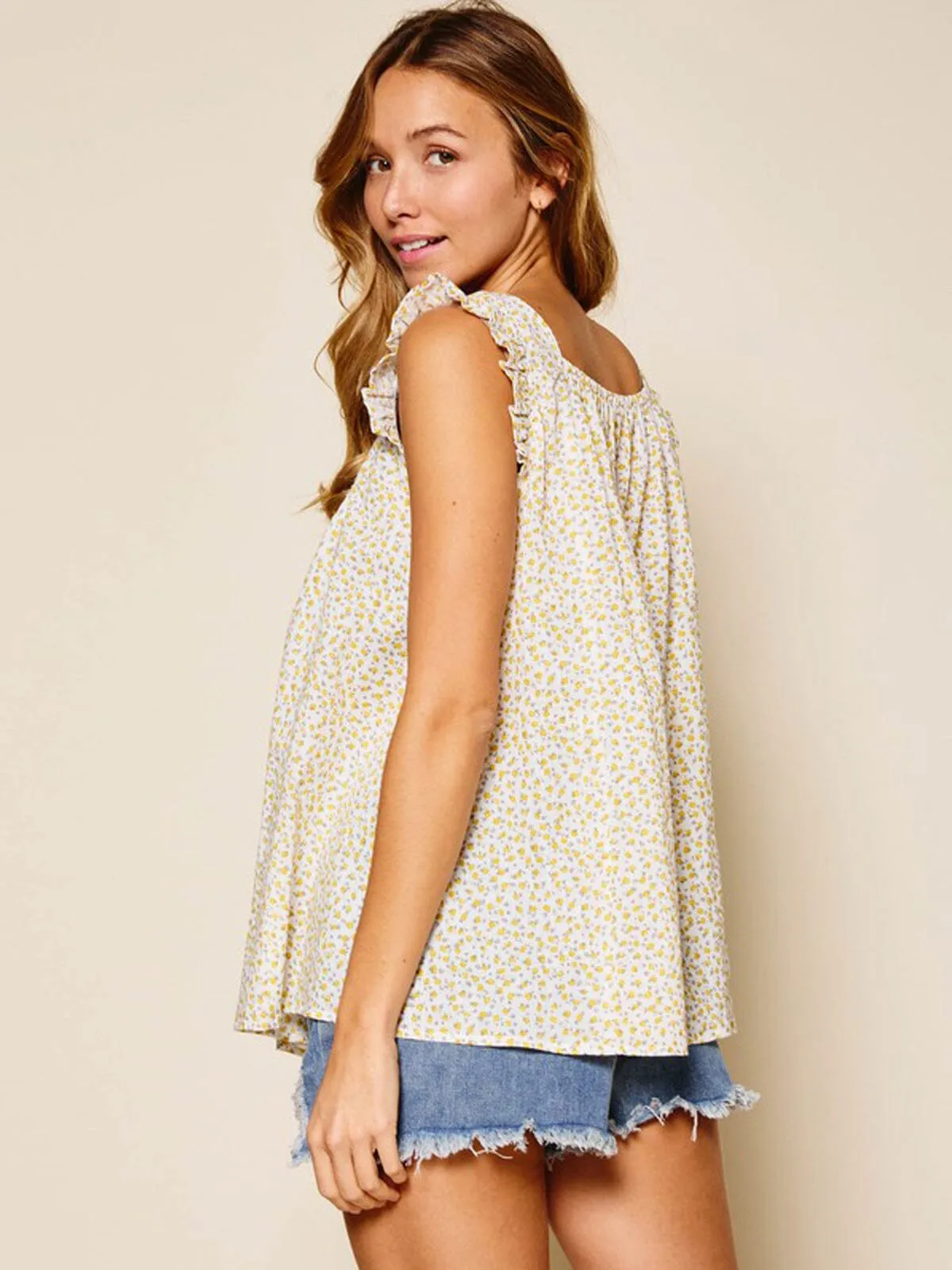 WOMEN'S SLEEVELESS SMOCK NECK DITSY FLORAL TUNIC TANK TOP