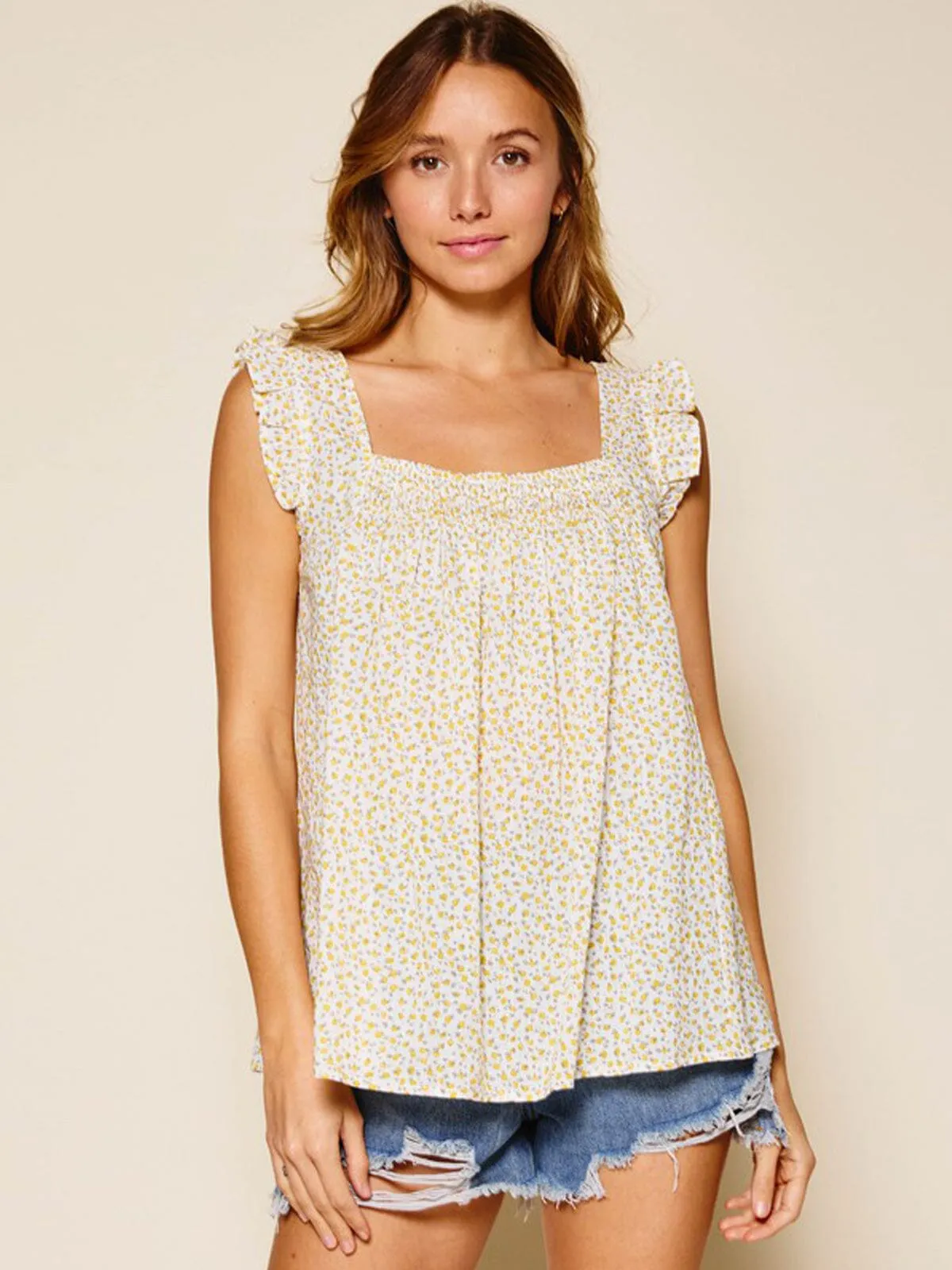 WOMEN'S SLEEVELESS SMOCK NECK DITSY FLORAL TUNIC TANK TOP