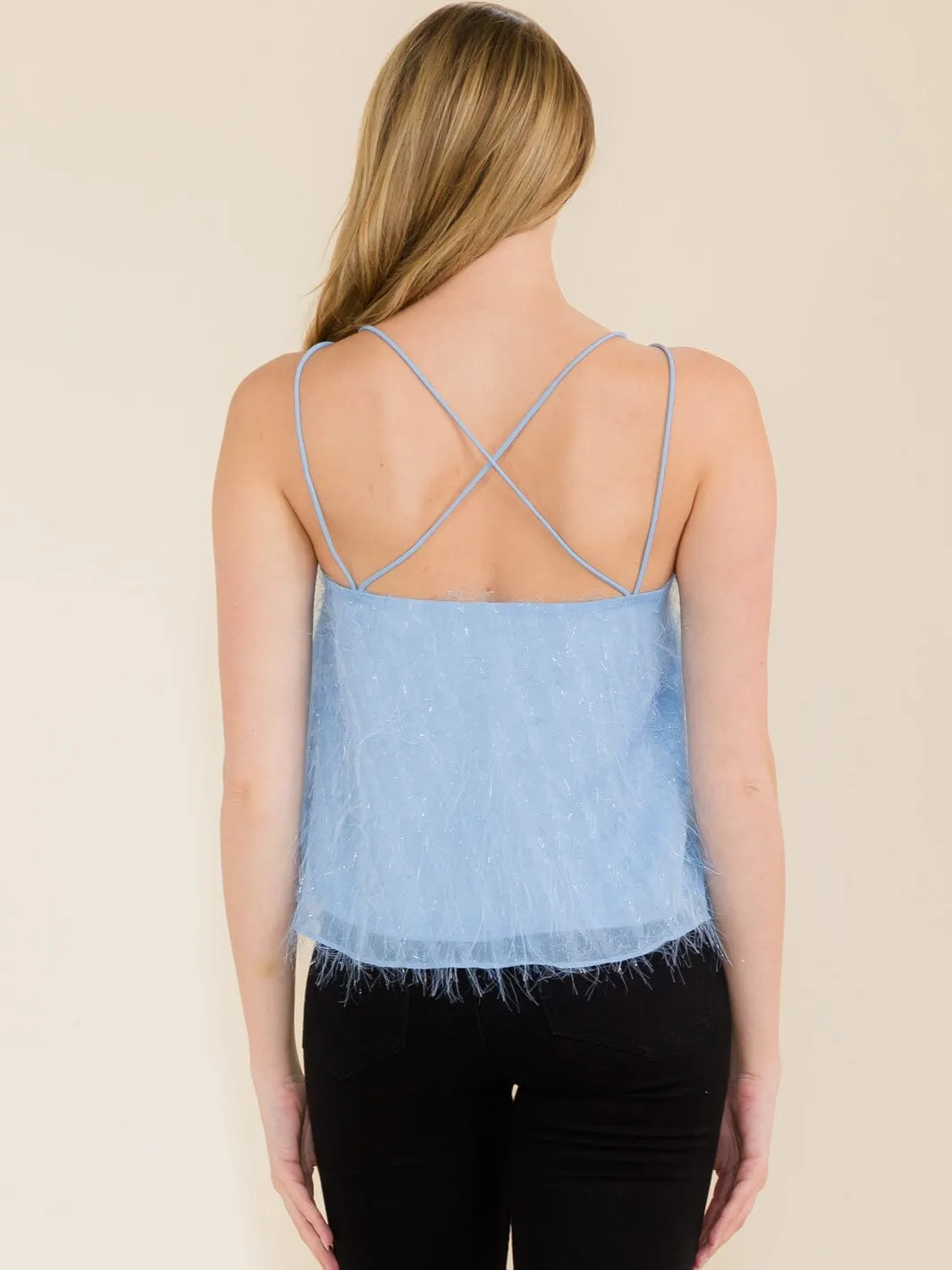 WOMEN'S SLEEVELESS V-NECK SHIMMER DETAILED OPEN BACK TANK TOP