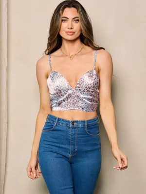 WOMEN'S SLEEVELESS V-NECK SMOCK ANIMAL PRINT CROP TOP