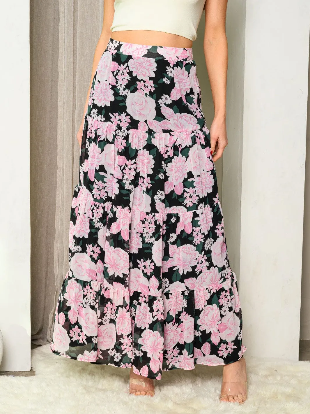 WOMEN'S TIERED FLORAL MAXI SKIRT
