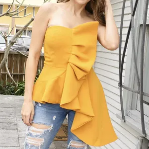 Wrapped Chest Sexy Ruffled Top Sleeveless Shirt