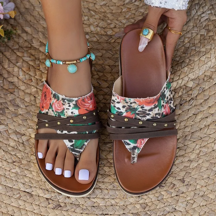XIEYINSHE  Cross-Border Foreign Trade plus Size Women's Sandals  Spring and Summer New Flip-Flops Printed Flat Beach Sandals Roman Shoes