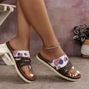 XIEYINSHE  Cross-Border Foreign Trade plus Size Women's Sandals  Spring and Summer New Flip-Flops Printed Flat Beach Sandals Roman Shoes