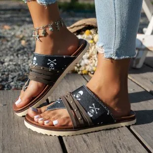 XIEYINSHE  Cross-Border Foreign Trade plus Size Women's Sandals  Spring and Summer New Flip-Flops Printed Flat Beach Sandals Roman Shoes