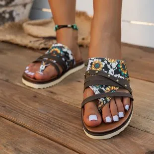 XIEYINSHE  Cross-Border Foreign Trade plus Size Women's Sandals  Spring and Summer New Flip-Flops Printed Flat Beach Sandals Roman Shoes