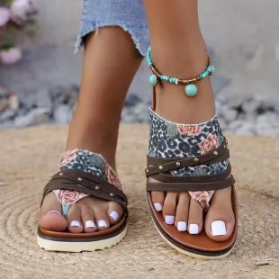 XIEYINSHE  Cross-Border Foreign Trade plus Size Women's Sandals  Spring and Summer New Flip-Flops Printed Flat Beach Sandals Roman Shoes