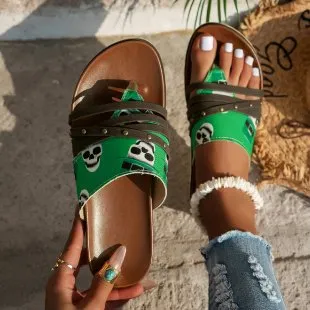 XIEYINSHE  Cross-Border Foreign Trade plus Size Women's Sandals  Spring and Summer New Flip-Flops Printed Flat Beach Sandals Roman Shoes