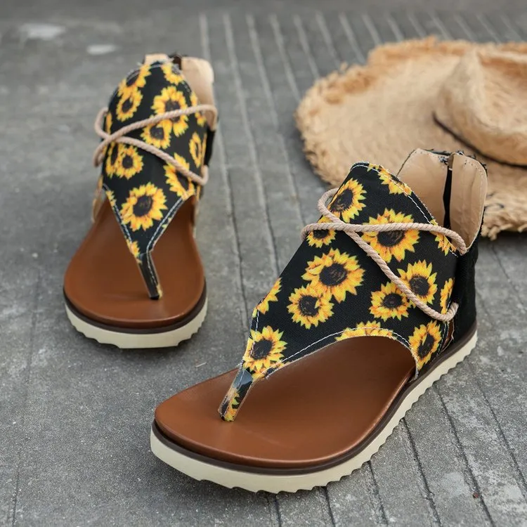 XIEYINSHE  Cross-Border Foreign Trade plus Size Women's Sandals  Summer New Flip-Flops Printed Flat Sandals Women's Back Women's Zipper Shoes