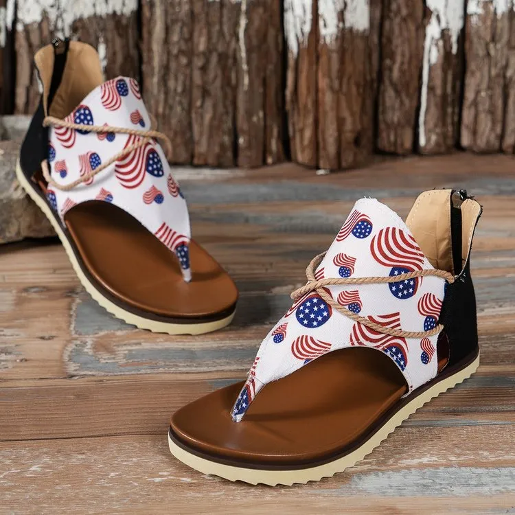XIEYINSHE  Cross-Border Foreign Trade plus Size Women's Sandals  Summer New Flip-Flops Printed Flat Sandals Women's Back Women's Zipper Shoes