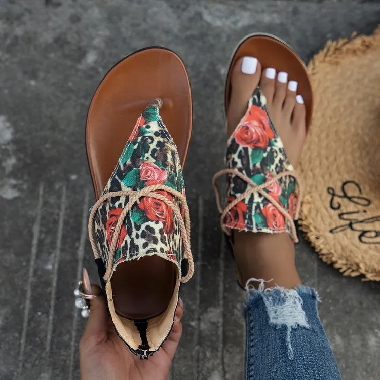 XIEYINSHE  Cross-Border Foreign Trade plus Size Women's Sandals  Summer New Flip-Flops Printed Flat Sandals Women's Back Women's Zipper Shoes