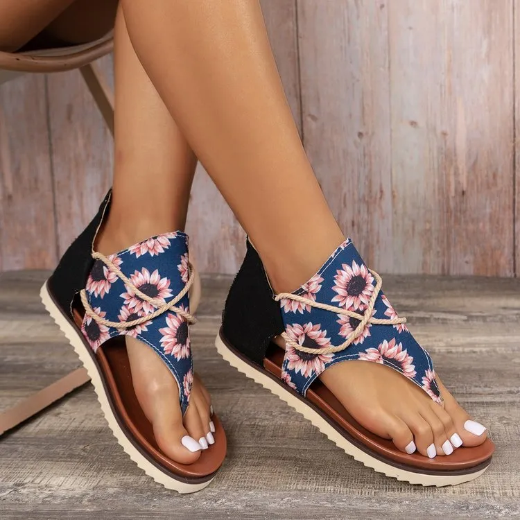 XIEYINSHE  Cross-Border Foreign Trade plus Size Women's Sandals  Summer New Flip-Flops Printed Flat Sandals Women's Back Women's Zipper Shoes