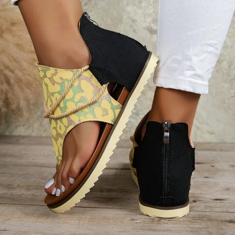 XIEYINSHE  Cross-Border Foreign Trade plus Size Women's Sandals  Summer New Flip-Flops Printed Flat Sandals Women's Back Women's Zipper Shoes
