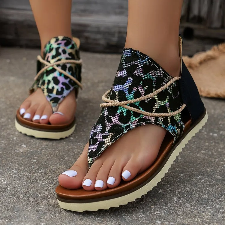 XIEYINSHE  Cross-Border Foreign Trade plus Size Women's Sandals  Summer New Flip-Flops Printed Flat Sandals Women's Back Women's Zipper Shoes
