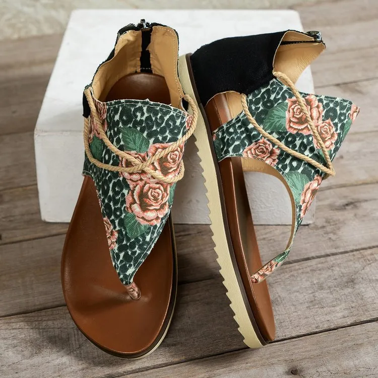 XIEYINSHE  Cross-Border Foreign Trade plus Size Women's Sandals  Summer New Flip-Flops Printed Flat Sandals Women's Back Women's Zipper Shoes