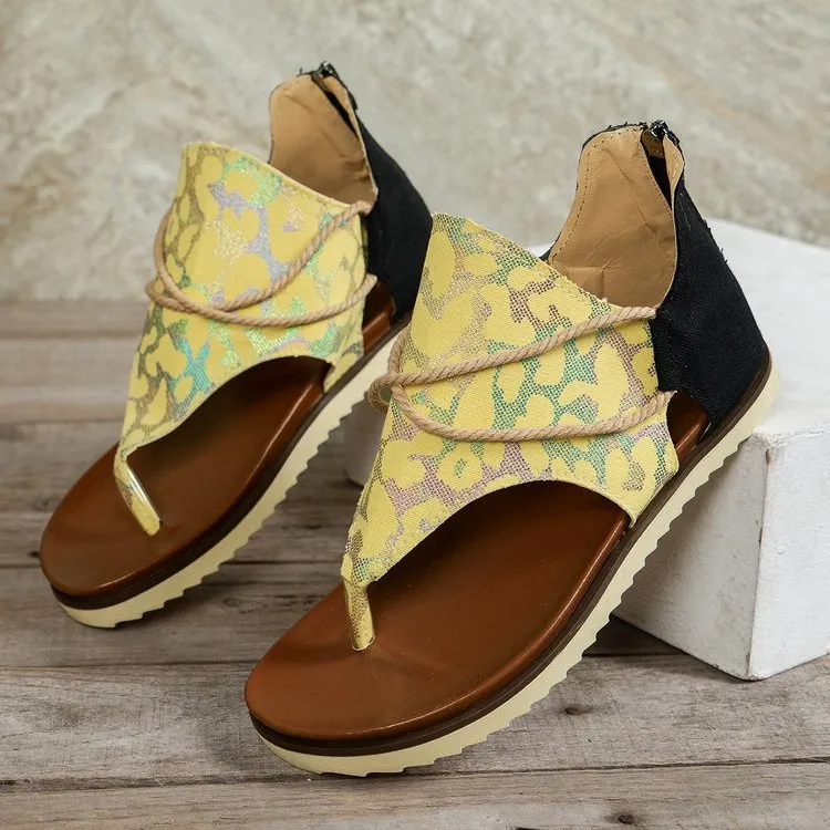XIEYINSHE  Cross-Border Foreign Trade plus Size Women's Sandals  Summer New Flip-Flops Printed Flat Sandals Women's Back Women's Zipper Shoes