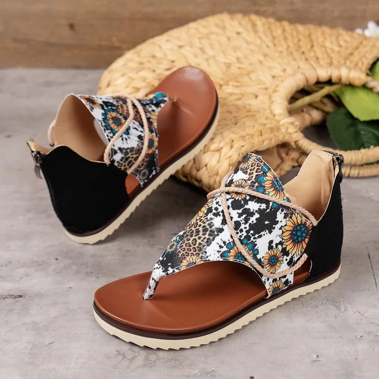 XIEYINSHE  Cross-Border Foreign Trade plus Size Women's Sandals  Summer New Flip-Flops Printed Flat Sandals Women's Back Women's Zipper Shoes