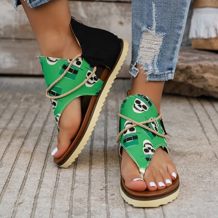 XIEYINSHE  Cross-Border Foreign Trade plus Size Women's Sandals  Summer New Flip-Flops Printed Flat Sandals Women's Back Women's Zipper Shoes