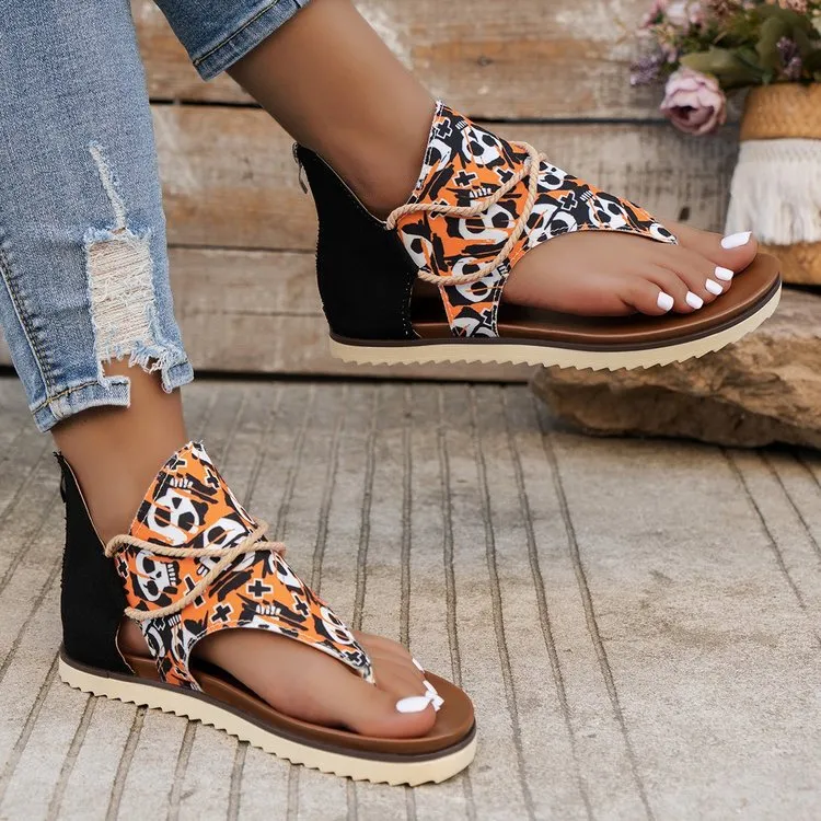XIEYINSHE  Cross-Border Foreign Trade plus Size Women's Sandals  Summer New Flip-Flops Printed Flat Sandals Women's Back Women's Zipper Shoes