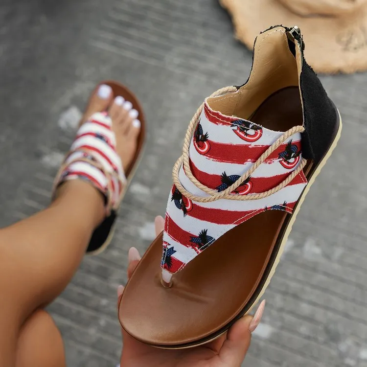 XIEYINSHE  Cross-Border Foreign Trade plus Size Women's Sandals  Summer New Flip-Flops Printed Flat Sandals Women's Back Women's Zipper Shoes