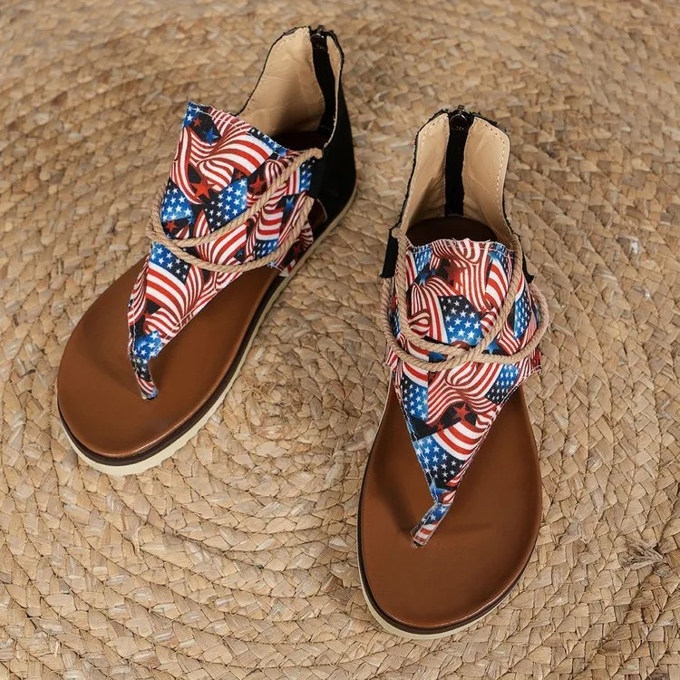 XIEYINSHE  Cross-Border Foreign Trade plus Size Women's Sandals  Summer New Flip-Flops Printed Flat Sandals Women's Back Women's Zipper Shoes