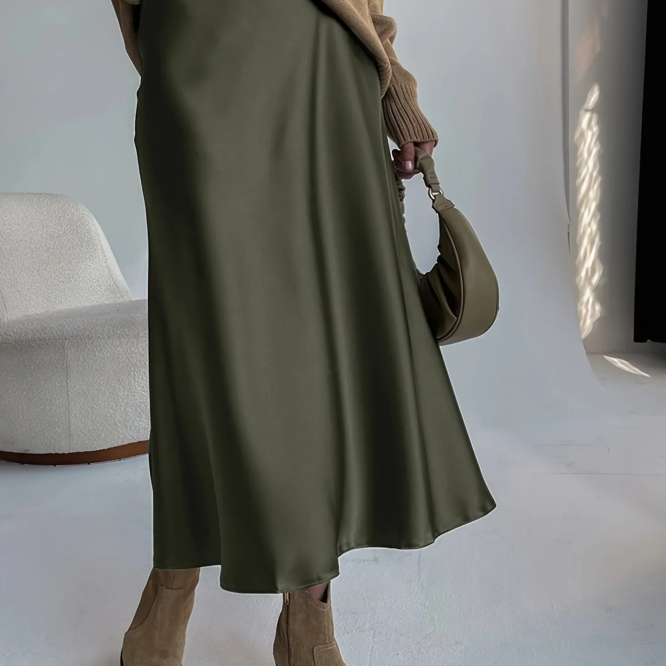 xieyinshe  Retro Satin Maxi Skirts, Casual Solid High Waist Vintage Fashion Summer Skirts, Women's Clothing