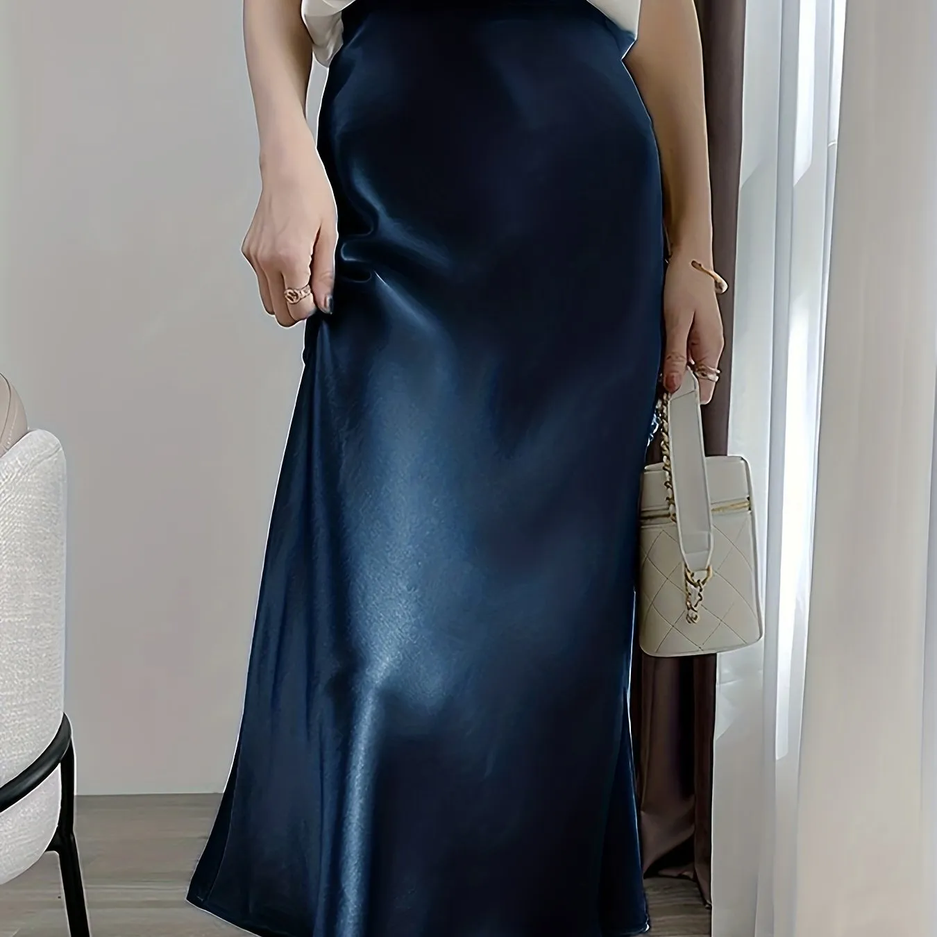 xieyinshe  Retro Satin Maxi Skirts, Casual Solid High Waist Vintage Fashion Summer Skirts, Women's Clothing