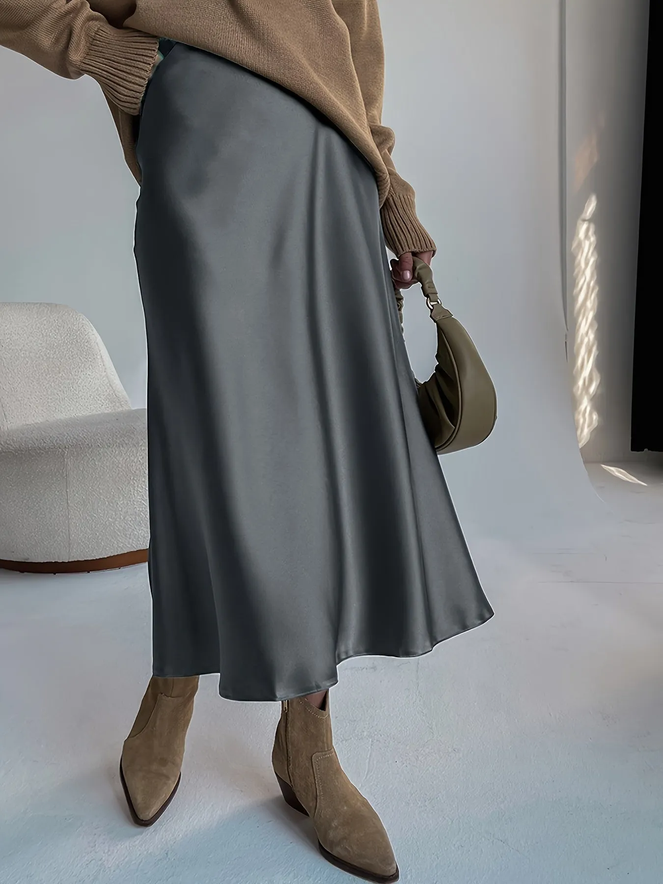 xieyinshe  Retro Satin Maxi Skirts, Casual Solid High Waist Vintage Fashion Summer Skirts, Women's Clothing