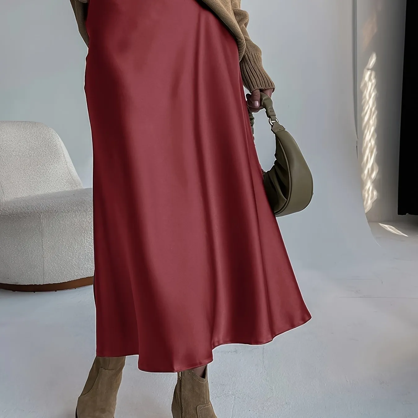 xieyinshe  Retro Satin Maxi Skirts, Casual Solid High Waist Vintage Fashion Summer Skirts, Women's Clothing