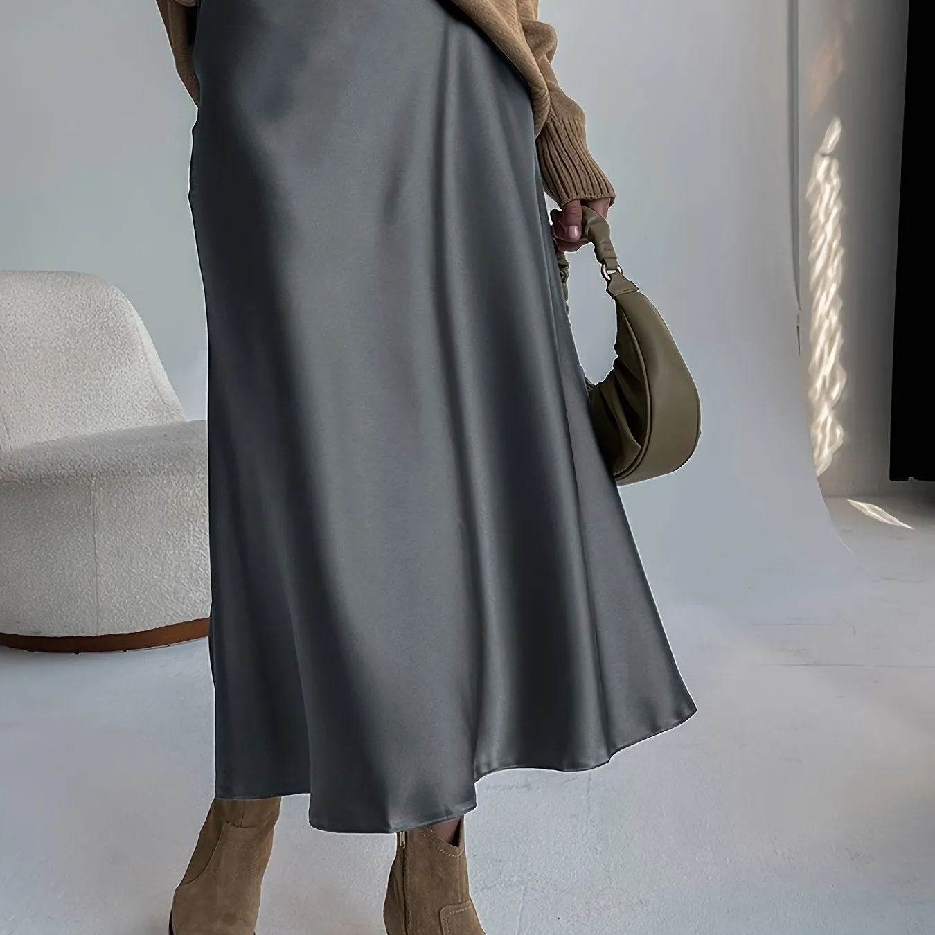 xieyinshe  Retro Satin Maxi Skirts, Casual Solid High Waist Vintage Fashion Summer Skirts, Women's Clothing