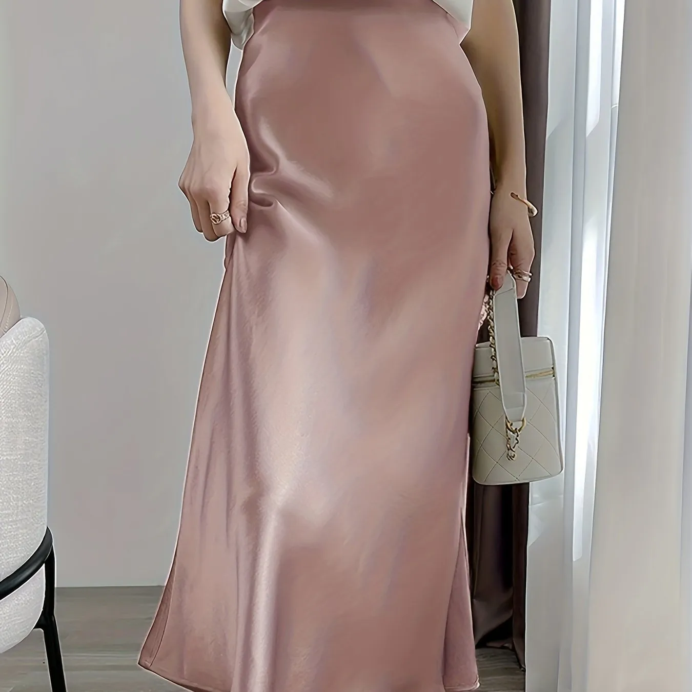 xieyinshe  Retro Satin Maxi Skirts, Casual Solid High Waist Vintage Fashion Summer Skirts, Women's Clothing