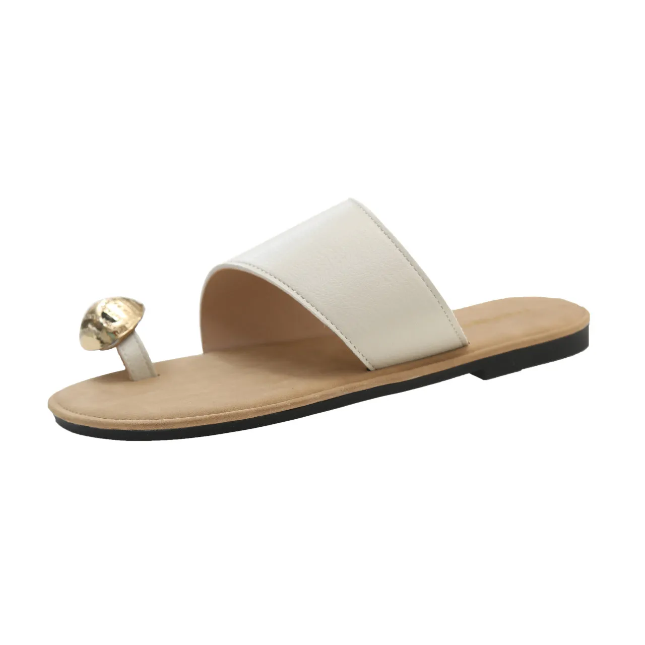 XIEYINSHE  Square Toe Metal Buckle Flip-Flops Women's Summer Outdoor Flat Thin Looking Cool Toe Covering Roman Sandals Women's Shoes