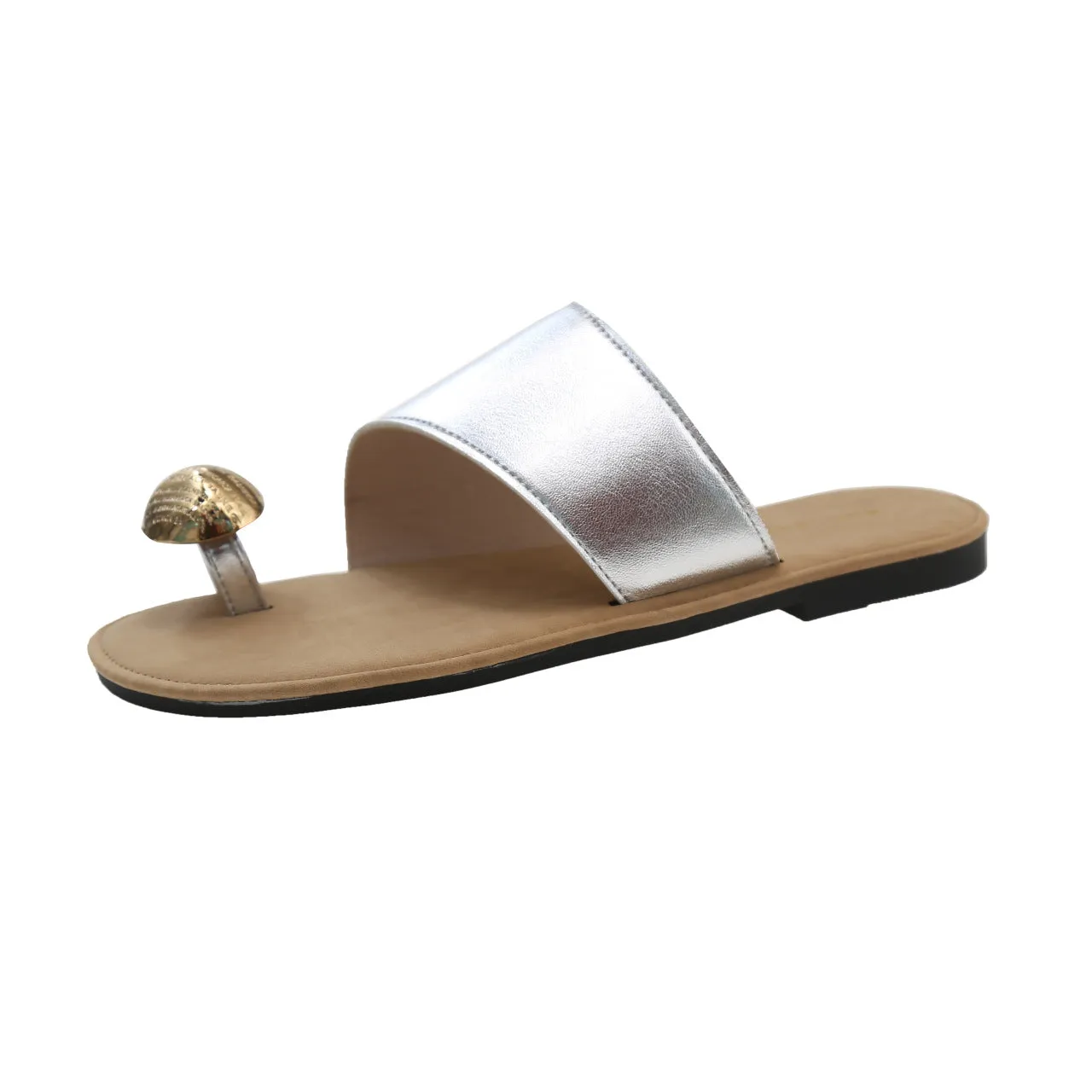 XIEYINSHE  Square Toe Metal Buckle Flip-Flops Women's Summer Outdoor Flat Thin Looking Cool Toe Covering Roman Sandals Women's Shoes