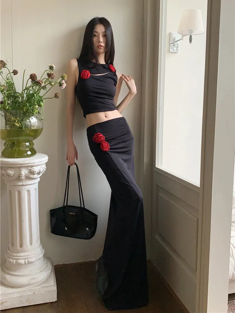Y2K Red Rose Tank Top & Maxi Skirt Two Piece Set