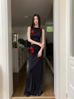 Y2K Red Rose Tank Top & Maxi Skirt Two Piece Set