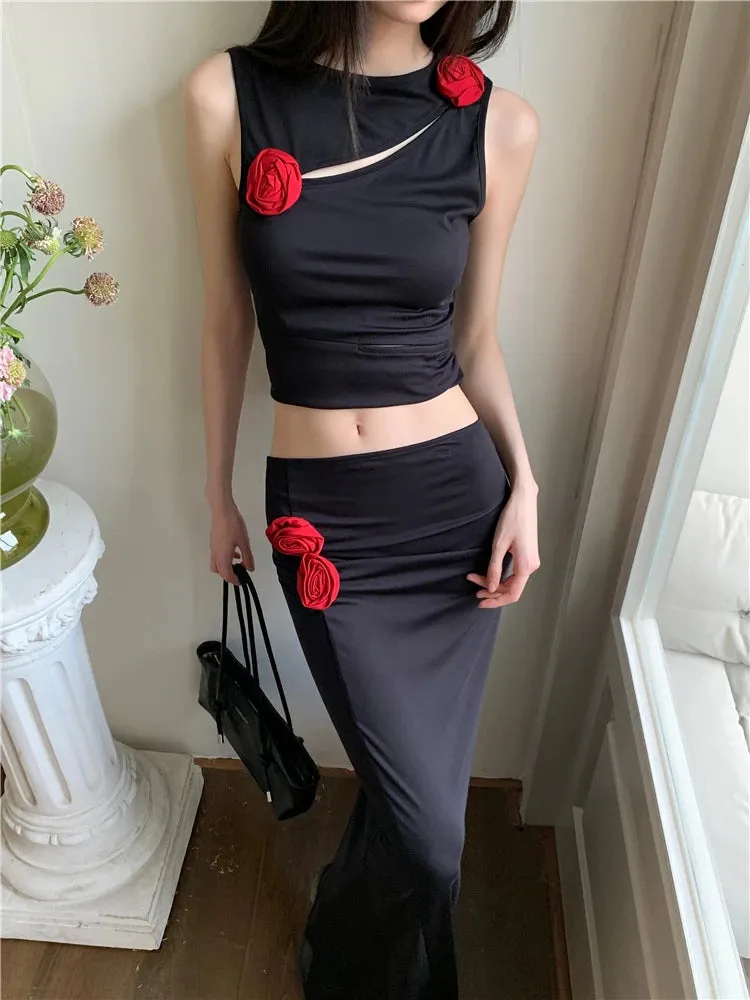 Y2K Red Rose Tank Top & Maxi Skirt Two Piece Set