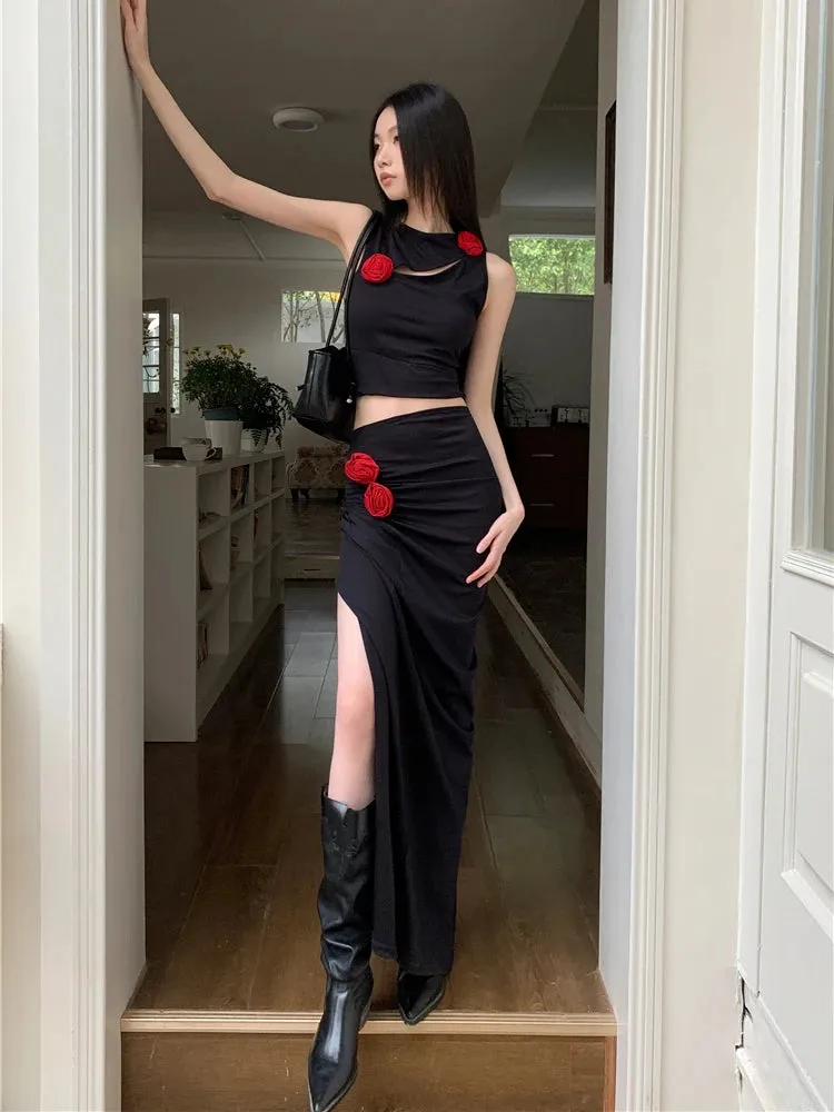 Y2K Red Rose Tank Top & Maxi Skirt Two Piece Set