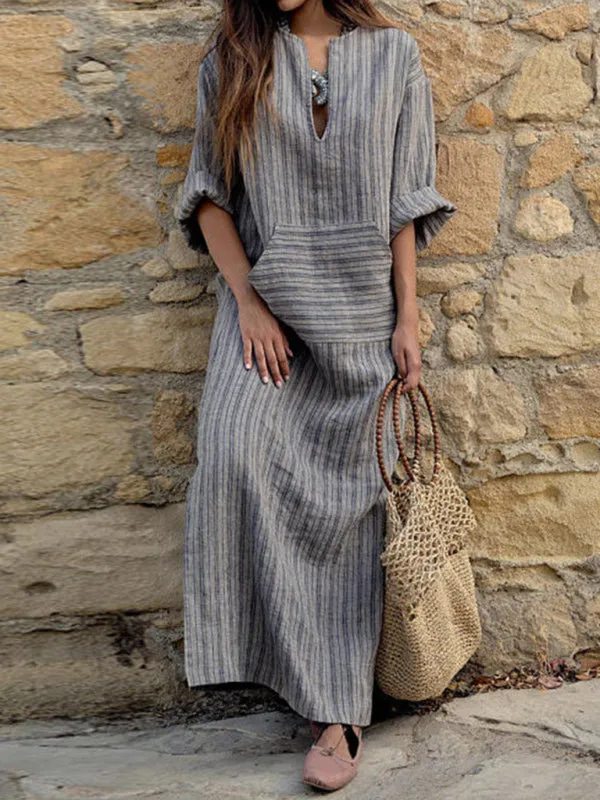 Yarn-Dyed Striped Maxi Dress with Keyhole Neckline and Pocket