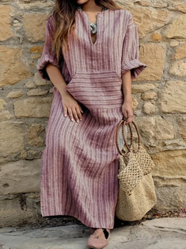 Yarn-Dyed Striped Maxi Dress with Keyhole Neckline and Pocket
